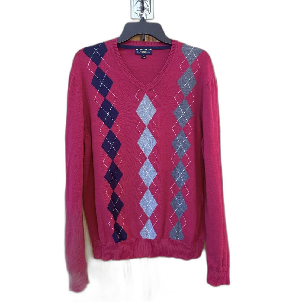 Club Room Men’s XL Red Argyle V Neck Sweater Preppy Grandpa Academia